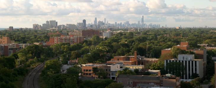 Aerial view of Lake County, IL, with the Chicago skyline in the background