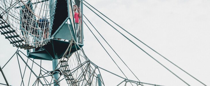 Kids navigating a high rope course at a playground