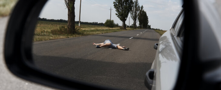 Hit pedestrian lying in road with car driving away